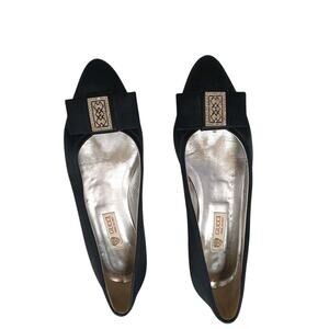 1970s Gucci Crystal Emblem Ballerina Bow Flats 39 B Black Holiday Wedding Glam